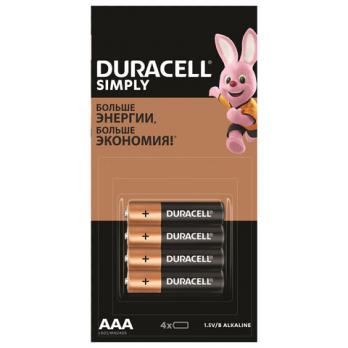 Батарейка Duracell Simply ААА (LR03) 4BL, алколиновая, мизинчиковая, 1шт  5000394129337 298387